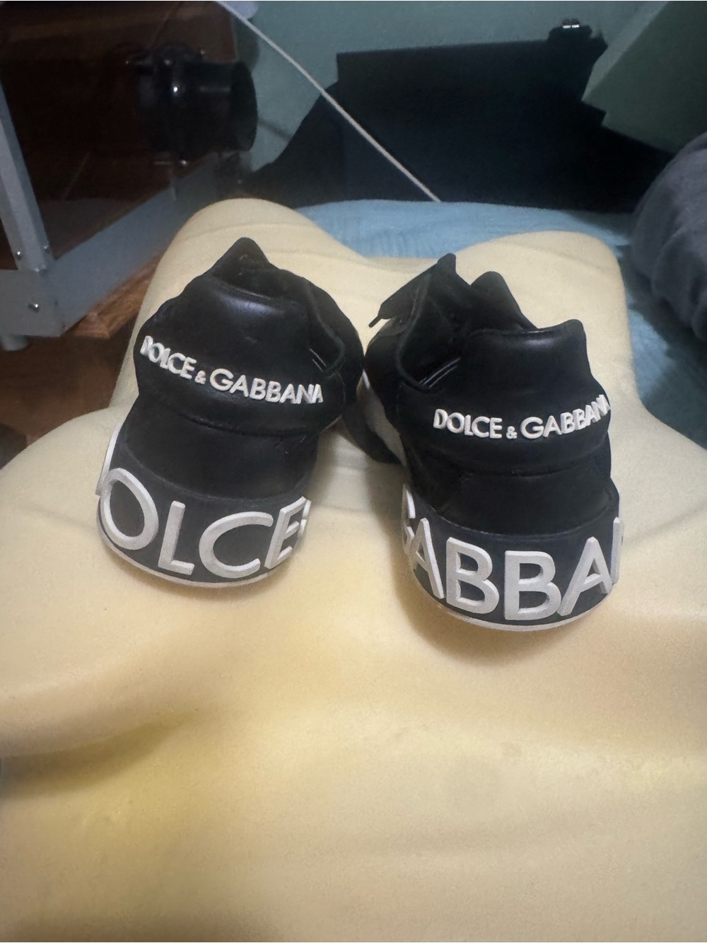Dolce & Gabbana Black Leather Sneakers with White Logo Heel